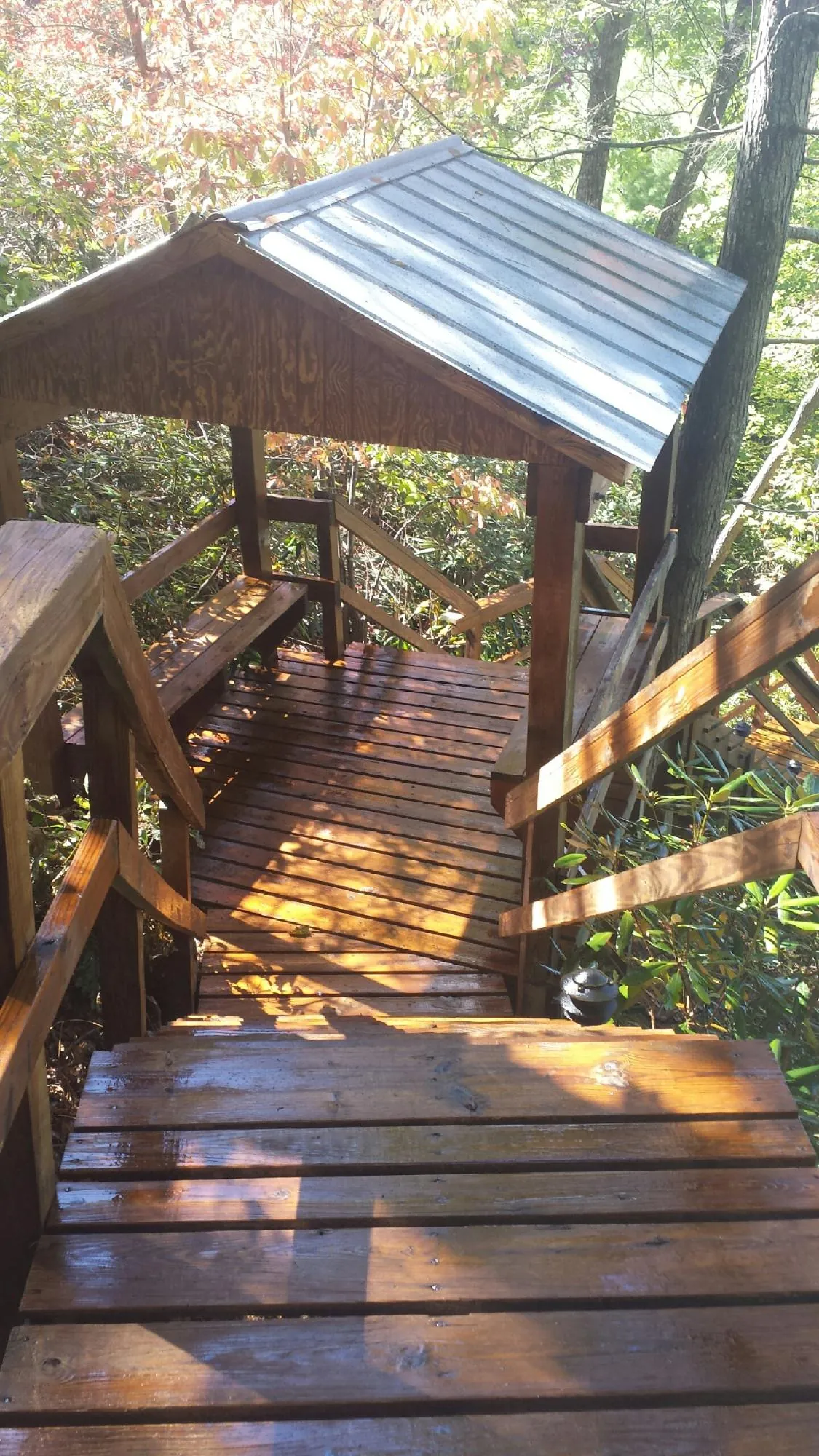Freshly stained wood walkway and covered shelter with a metal roof in Monett
